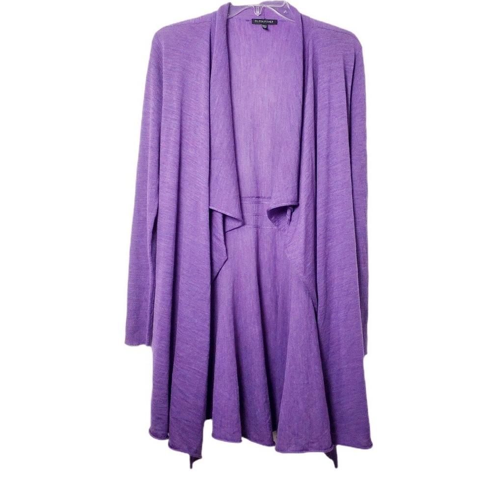 Eileen Fisher Purple Merino Wool Open Front Longline Cardigan Sweater Size Small